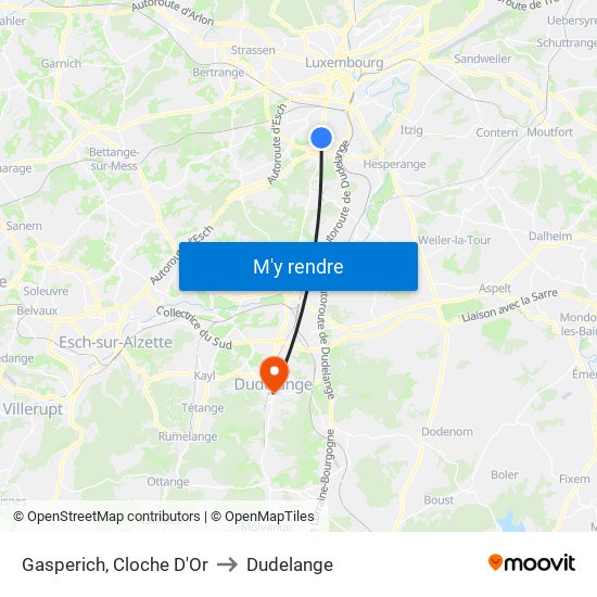 Gasperich, Cloche D'Or to Dudelange map