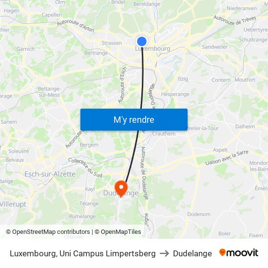Luxembourg, Uni Campus Limpertsberg to Dudelange map