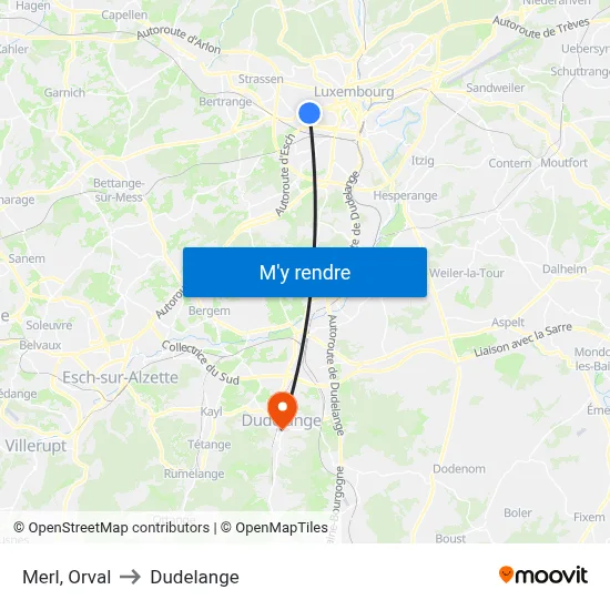 Merl, Orval to Dudelange map