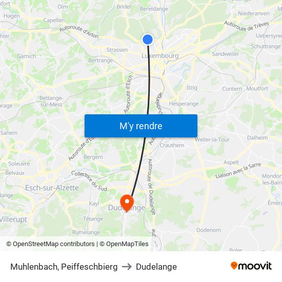 Muhlenbach, Peiffeschbierg to Dudelange map
