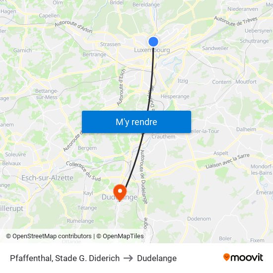 Pfaffenthal, Stade G. Diderich to Dudelange map