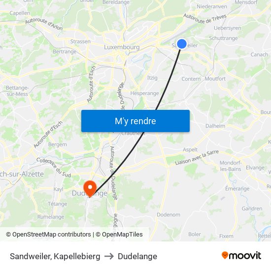 Sandweiler, Kapellebierg to Dudelange map