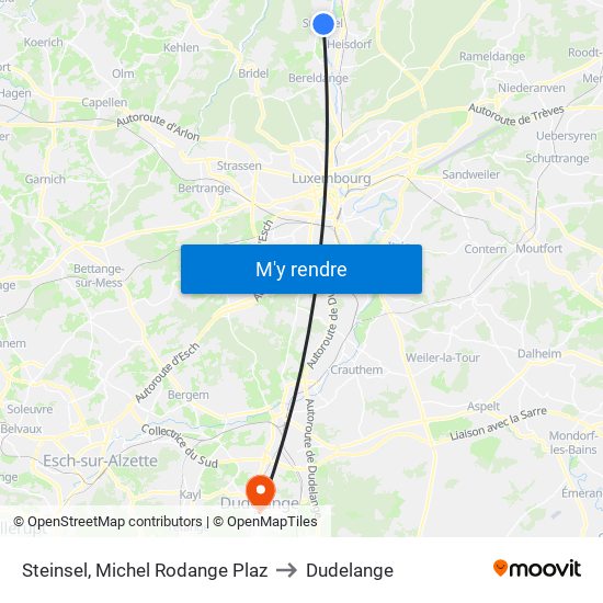 Steinsel, Michel Rodange Plaz to Dudelange map