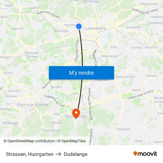 Strassen, Huorgarten to Dudelange map