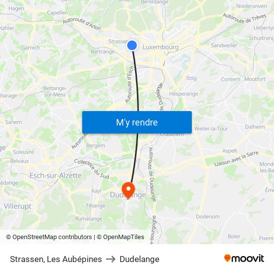 Strassen, Les Aubépines to Dudelange map