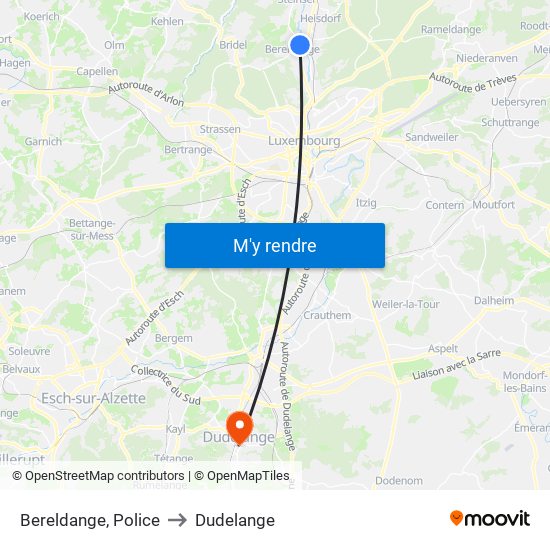 Bereldange, Police to Dudelange map