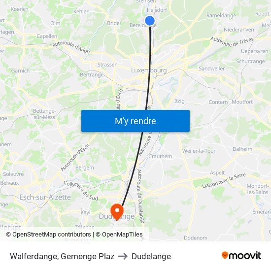 Walferdange, Gemenge Plaz to Dudelange map