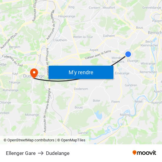 Ellenger Gare to Dudelange map