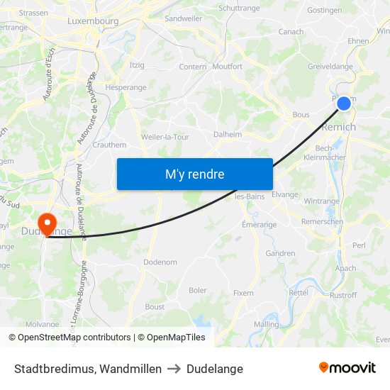 Stadtbredimus, Wandmillen to Dudelange map