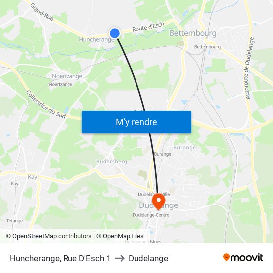 Huncherange, Rue D'Esch 1 to Dudelange map