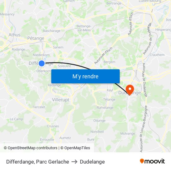 Differdange, Parc Gerlache to Dudelange map