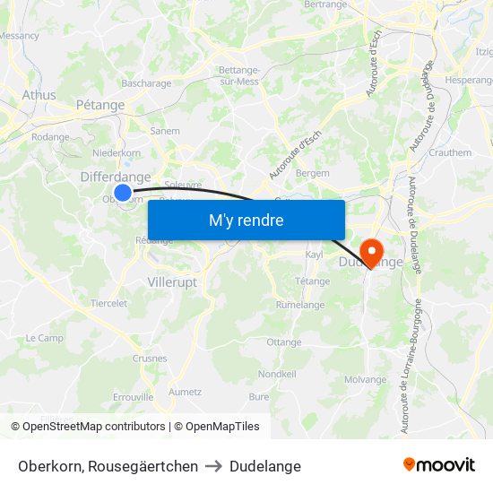 Oberkorn, Rousegäertchen to Dudelange map