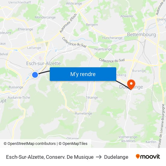 Esch-Sur-Alzette, Conserv. De Musique to Dudelange map
