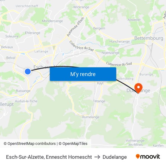 Esch-Sur-Alzette, Ennescht Homescht to Dudelange map