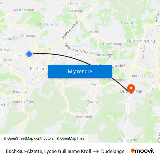 Esch-Sur-Alzette, Lycée Guillaume Kroll to Dudelange map