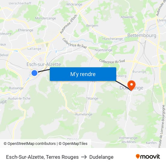 Esch-Sur-Alzette, Terres Rouges to Dudelange map