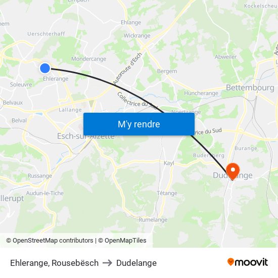 Ehlerange, Rousebësch to Dudelange map