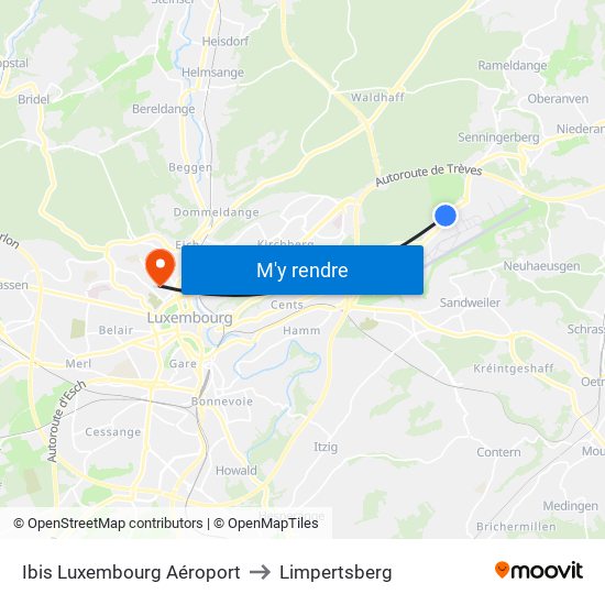 Ibis Luxembourg Aéroport to Limpertsberg map