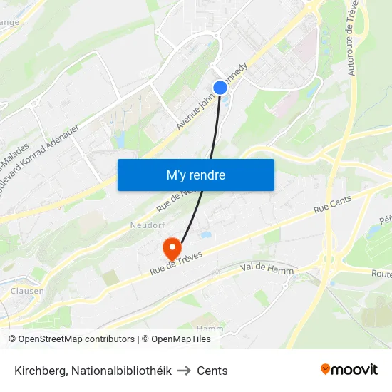 Kirchberg, Nationalbibliothéik to Cents map