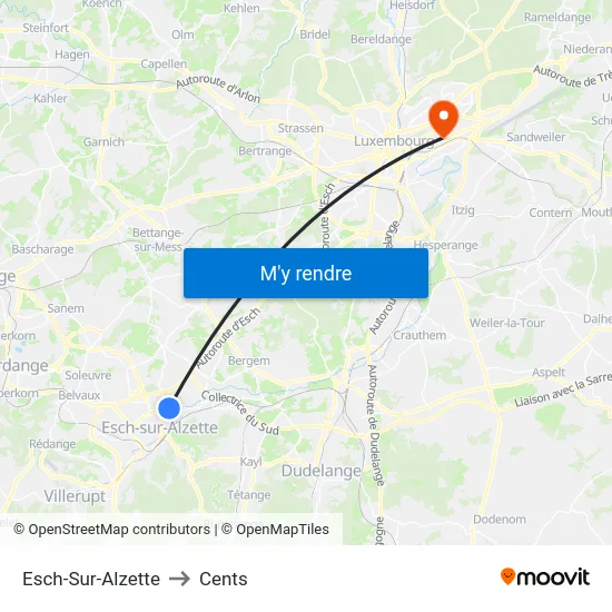 Esch-Sur-Alzette to Cents map