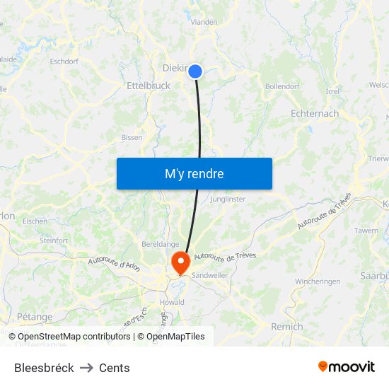Bleesbréck to Cents map