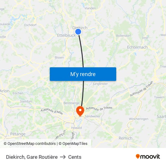 Diekirch, Gare Routière to Cents map