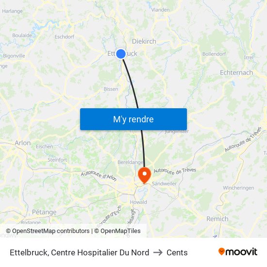 Ettelbruck, Centre Hospitalier Du Nord to Cents map