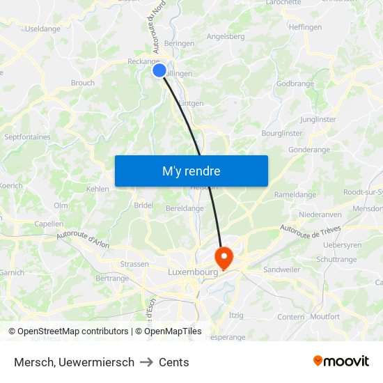 Mersch, Uewermiersch to Cents map