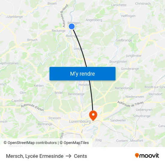 Mersch, Lycée Ermesinde to Cents map