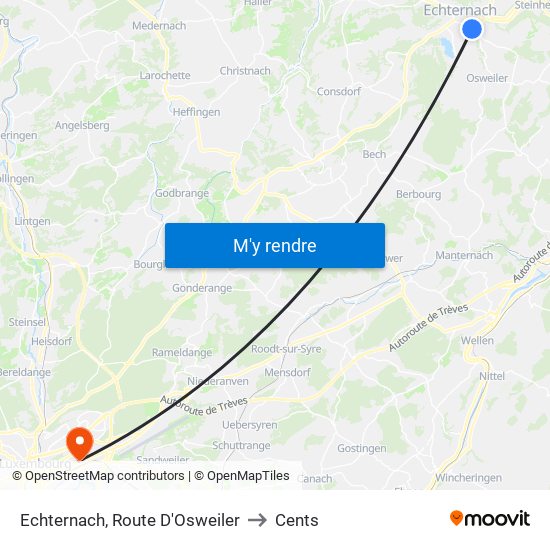 Echternach, Route D'Osweiler to Cents map