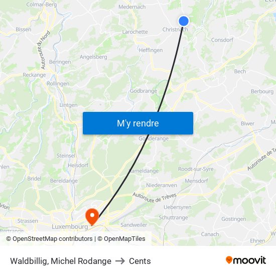 Waldbillig, Michel Rodange to Cents map
