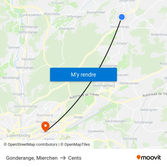 Gonderange, Mierchen to Cents map