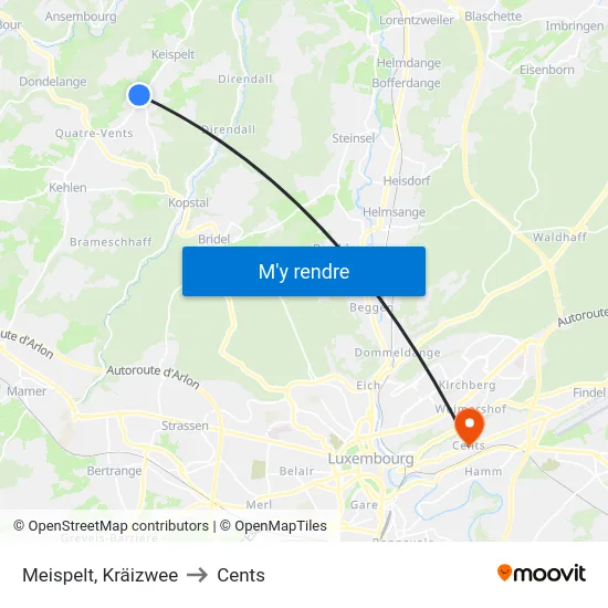 Meispelt, Kräizwee to Cents map