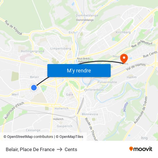 Belair, Place De France to Cents map