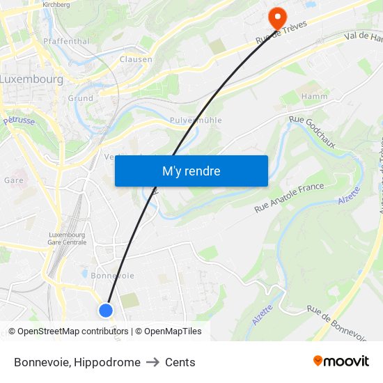 Bonnevoie, Hippodrome to Cents map