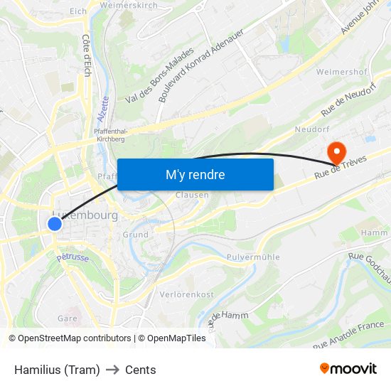 Hamilius (Tram) to Cents map