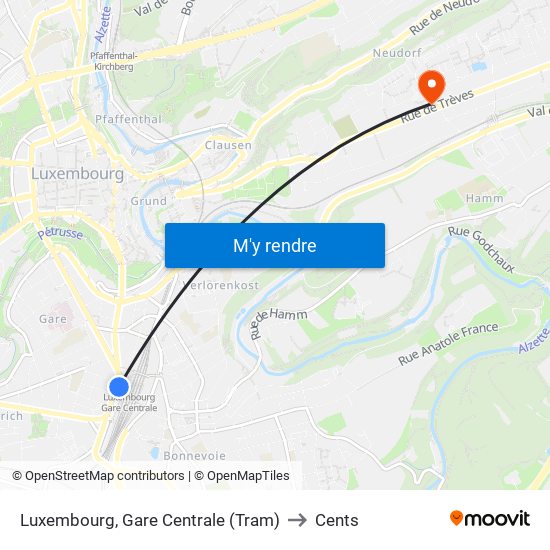 Luxembourg, Gare Centrale (Tram) to Cents map
