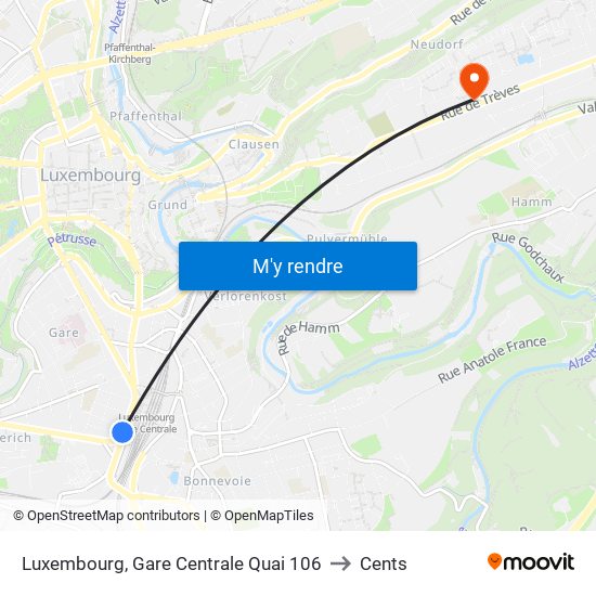 Luxembourg, Gare Centrale Quai 106 to Cents map