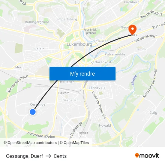 Cessange, Duerf to Cents map