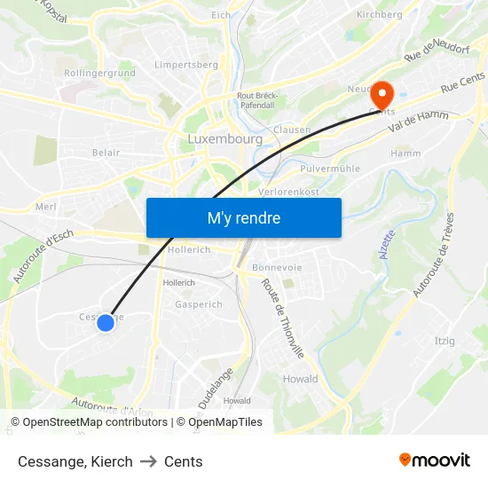 Cessange, Kierch to Cents map