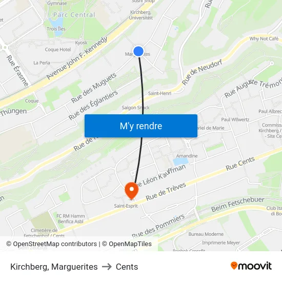 Kirchberg, Marguerites to Cents map