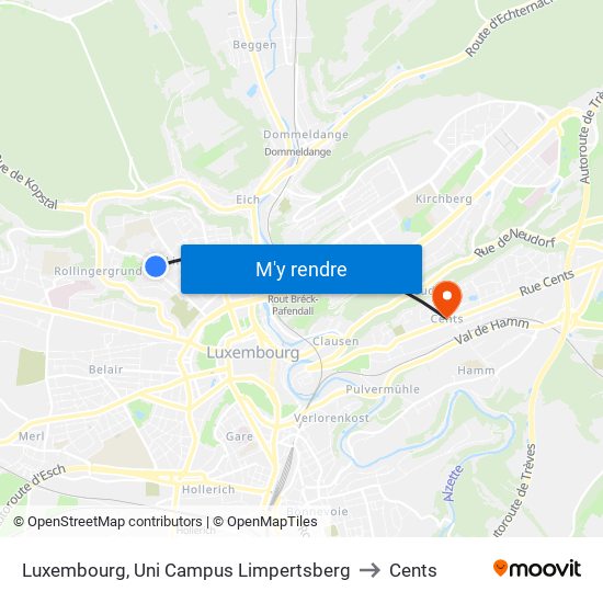 Luxembourg, Uni Campus Limpertsberg to Cents map