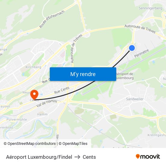 Aéroport Luxembourg/Findel to Cents map