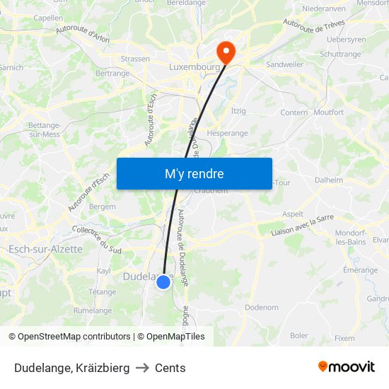 Dudelange, Kräizbierg to Cents map