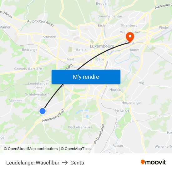 Leudelange, Wäschbur to Cents map