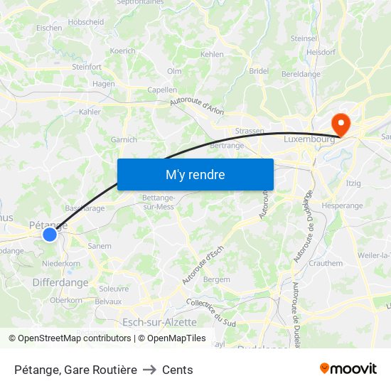 Pétange, Gare Routière to Cents map
