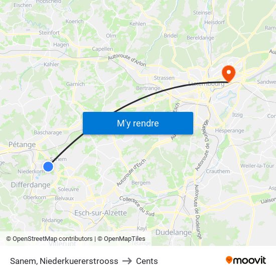 Sanem, Niederkuererstrooss to Cents map