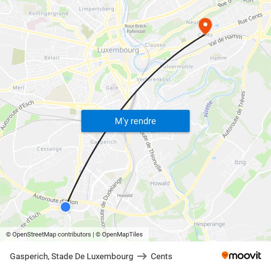 Gasperich, Stade De Luxembourg to Cents map