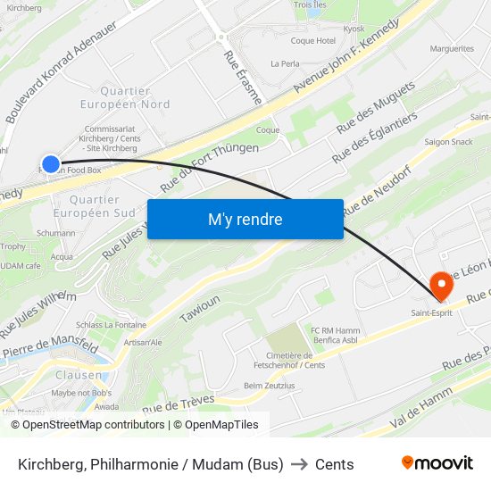 Kirchberg, Philharmonie / Mudam (Bus) to Cents map