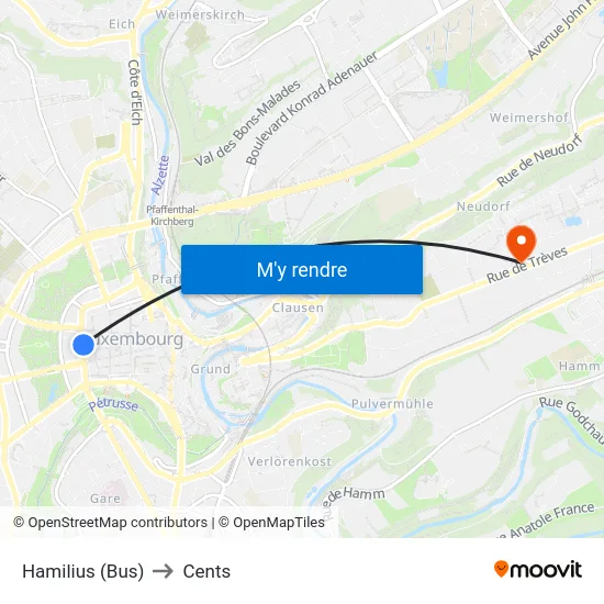 Hamilius (Bus) to Cents map